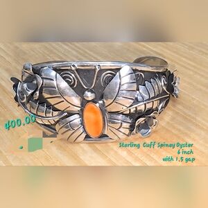 Native American Sterling Silver Cuff with Spiny Orange And Turquoise Stones